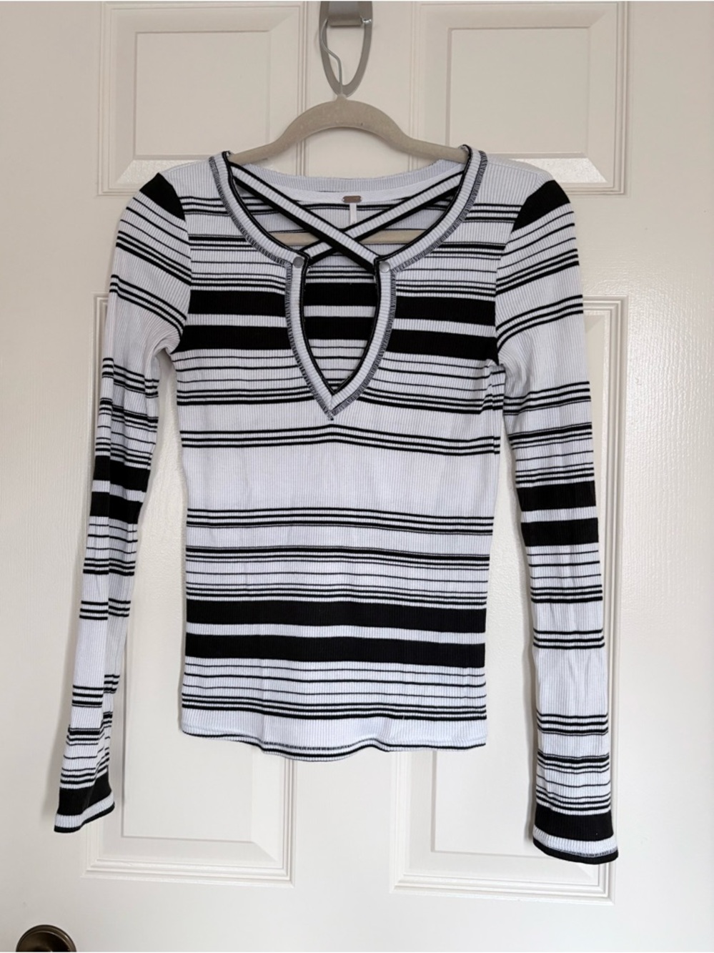 Free People Black & White Striped Long-Sleeve Ribbed Top with Crisscross Neck